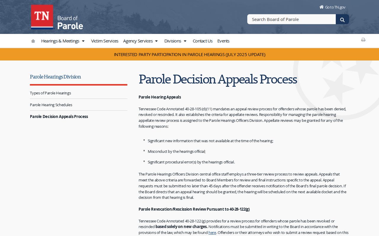 Hamblen County parole decision appeal information from the Tennessee Board of Parole