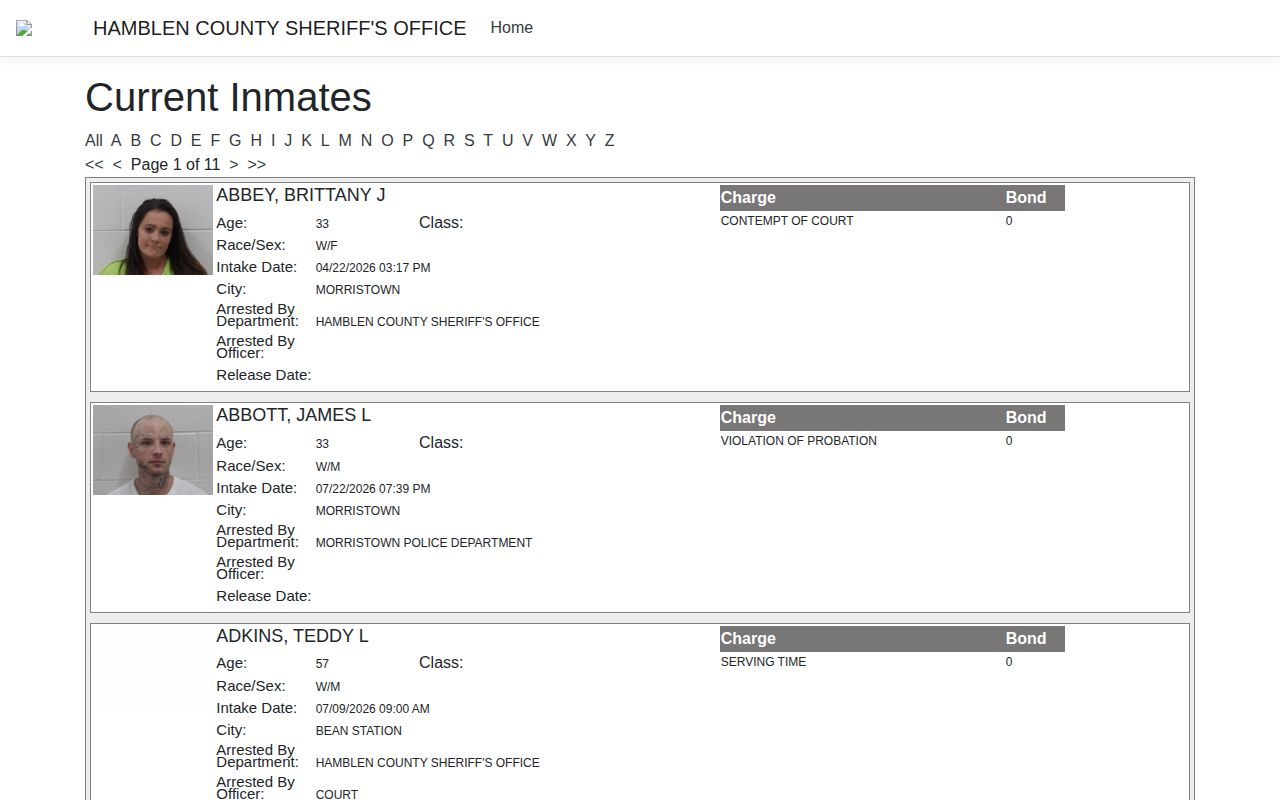 Hamblen County Detention Center current custody and release record card