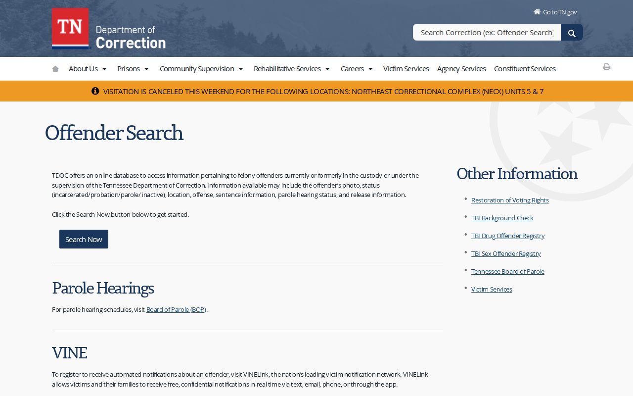 Tennessee Department of Correction Hamblen offender release information overview