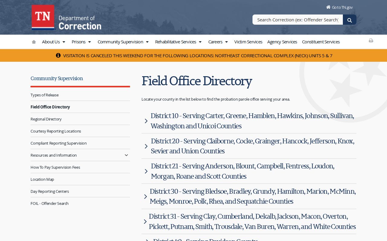 Hamblen County probation and parole field office directory
