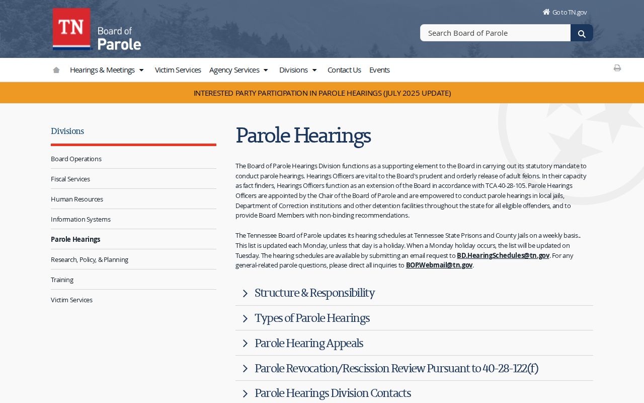 Hamblen County parole hearing schedule request information